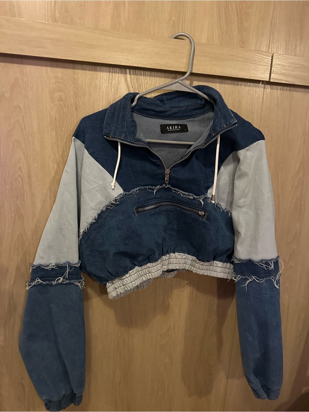 AKIRA Two-Tone Distressed Denim Pullover in Dark and Light Blue